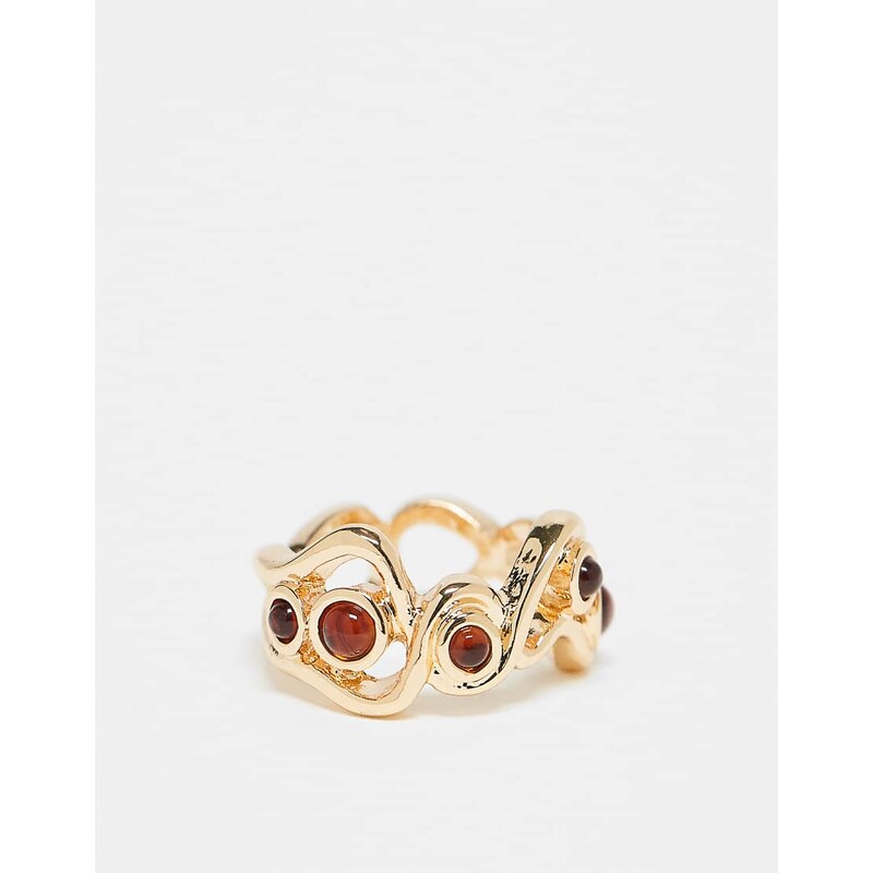 ASOS DESIGN ring with wavy design and faux-amber stone settings in 107788287