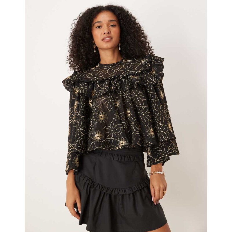 Dream Sister Jane embroidered frill detail blouse in black 107788408