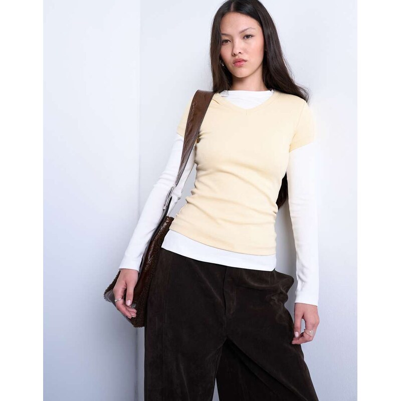Topshop v-neck double layer long sleeve top in buttermilk and