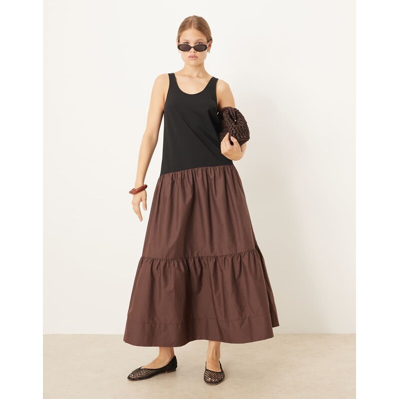 ASOS DESIGN scoop neck hybrid smock maxi dress in brown