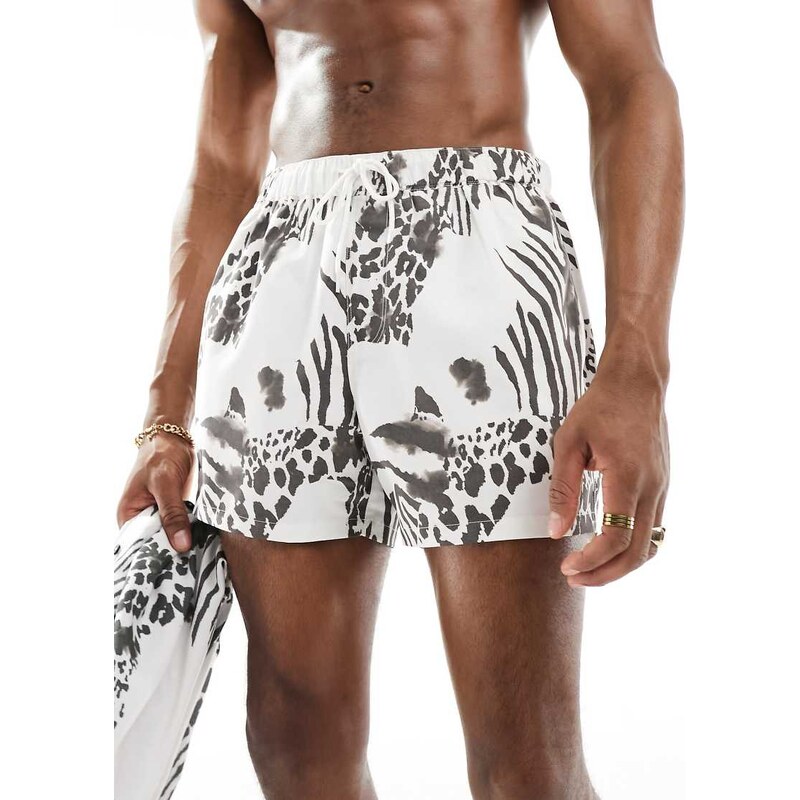 ASOS DESIGN swim shorts in short length in black and white zebra