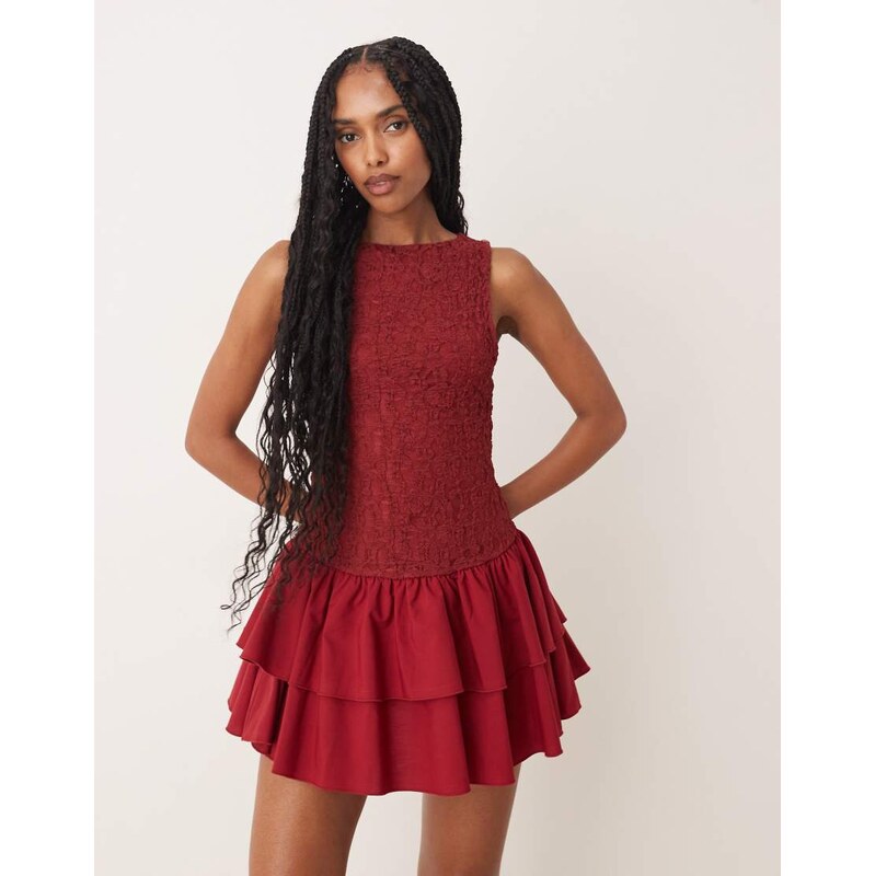 ASOS DESIGN lace bodice mini dress with poplin skirt in burgundy