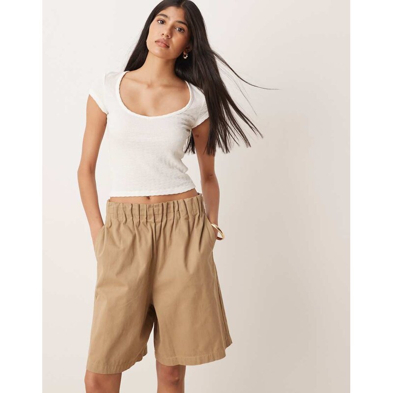 ASOS DESIGN longer shorts with paperbag waist in beige-Neutral