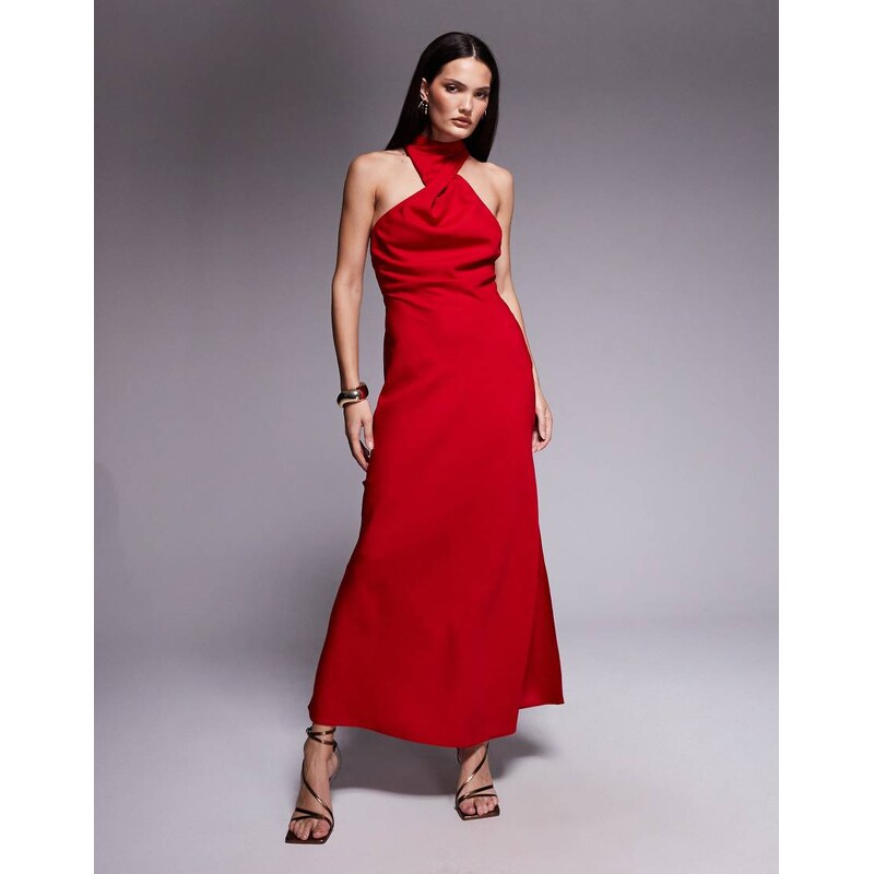 ASOS DESIGN twist neck midi dress with hardware trim in cherry