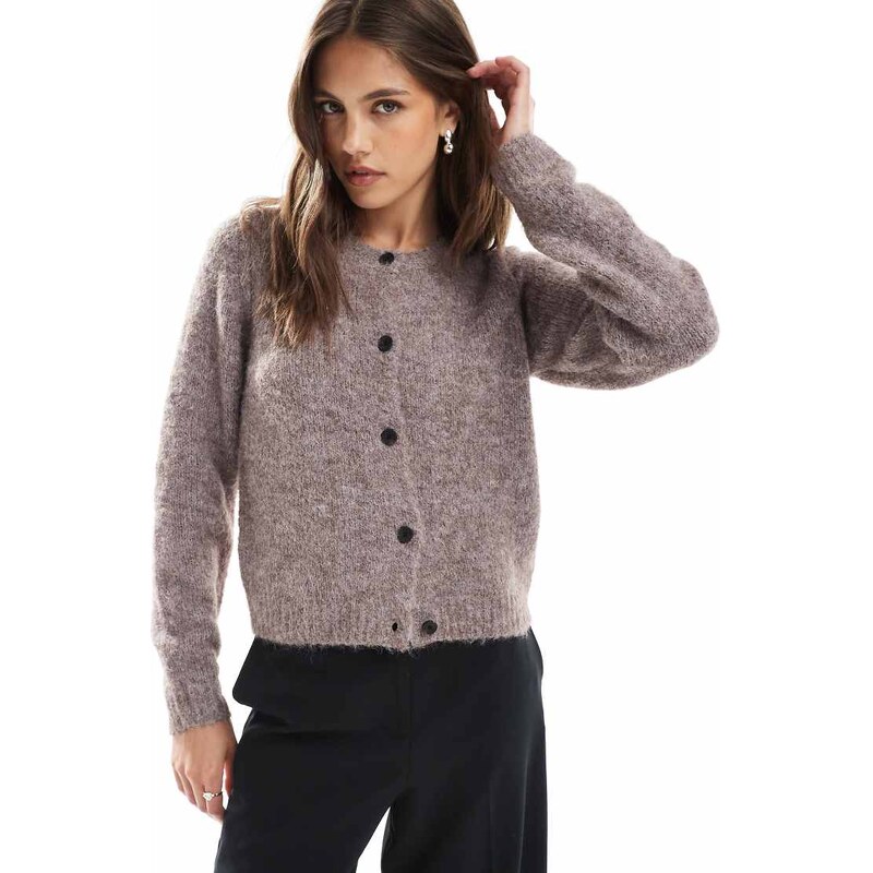 Vero Moda soft fluffy knit o-neck cardigan in fossil melange-Brown 115514295