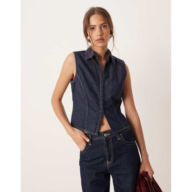 Mango cotton mix denim short sleeve top in indigo-Blue 107792137