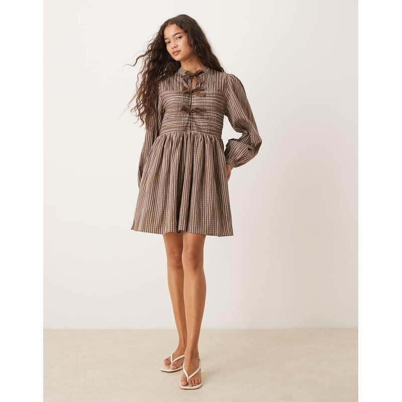 Ghospell Bobbi check bow mini dress brown check