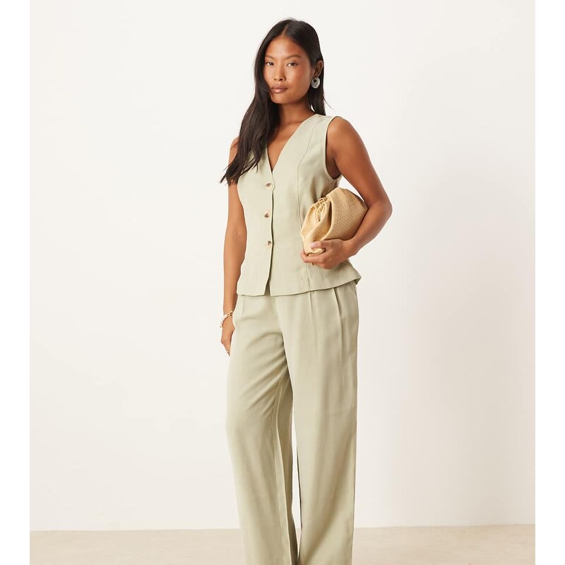 Vila Petite high waisted tailored trouser co-ord in sage green