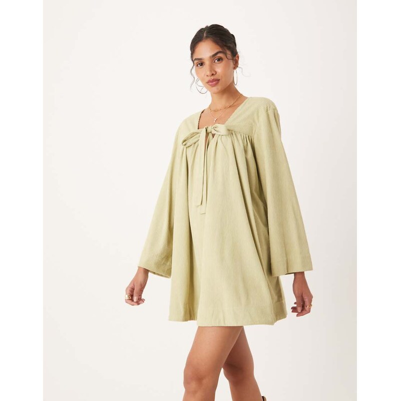 ASOS DESIGN cord tie front mini smock dress in sage green 107819006