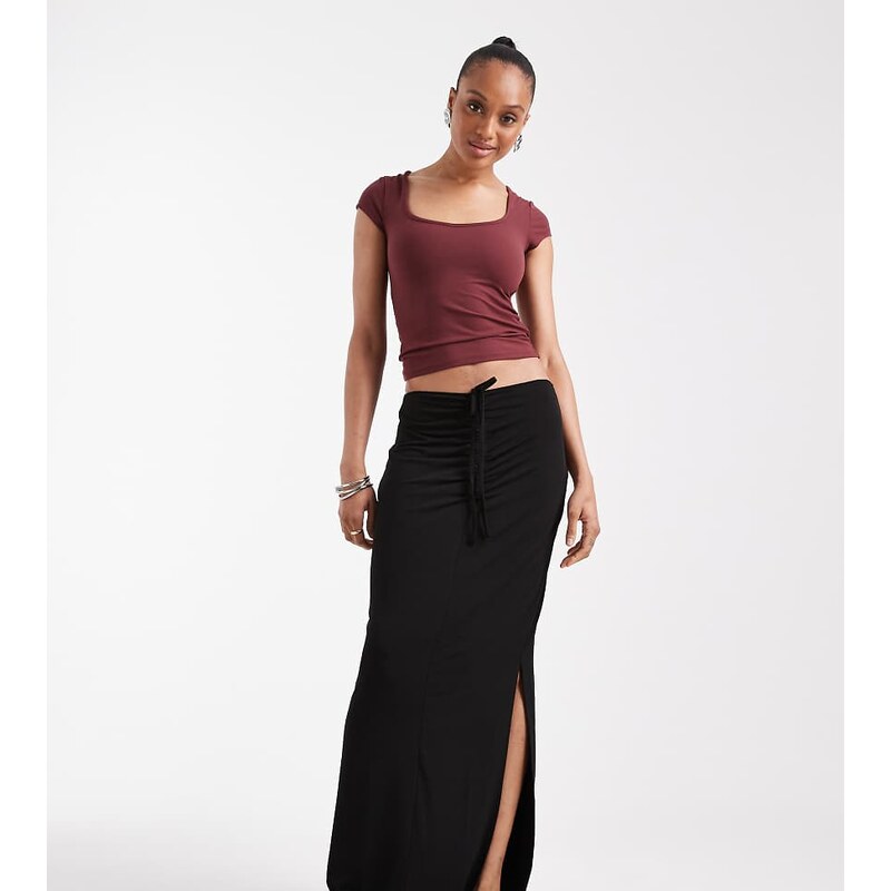 Vero Moda Tall slinky ruched front maxi skirt in black 107797379