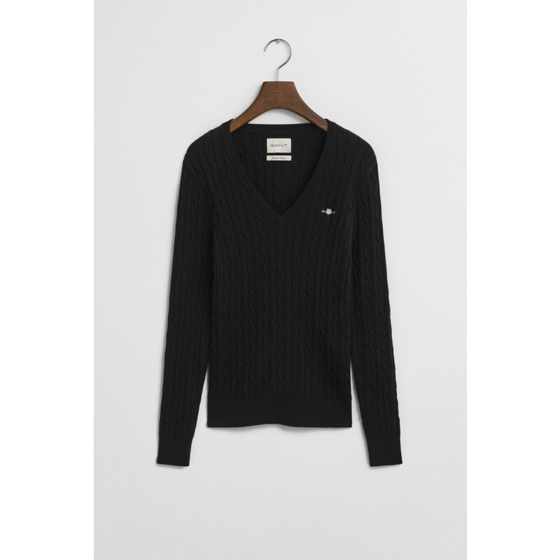 SVETR GANT STRETCH COTTON CABLE V-NECK BLACK 107792691