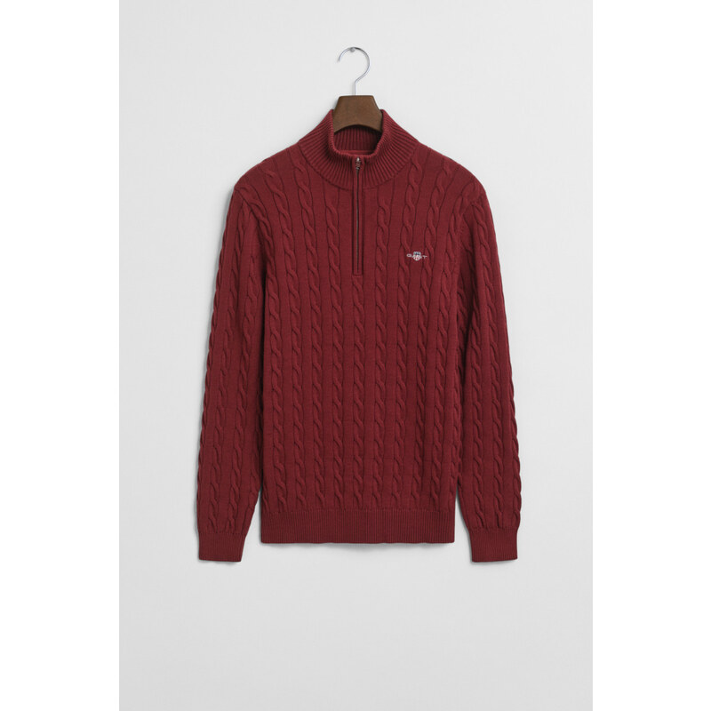 SVETR GANT COTTON CABLE HALF ZIP PLUMPED RED