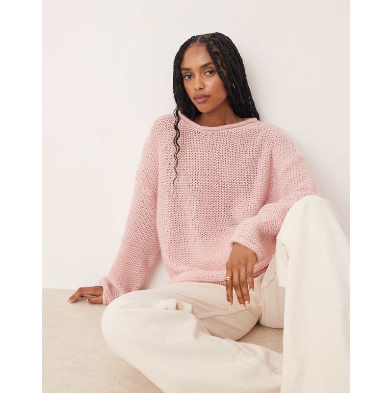 ASOS DESIGN knitted relaxed slash neck jumper with rolled edge detail 107903466
