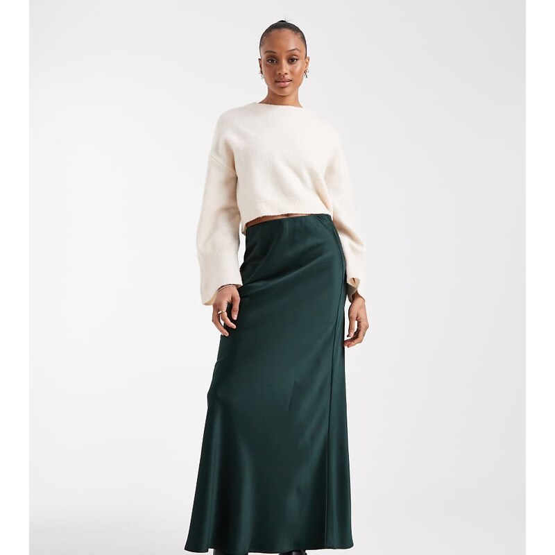 Vero Moda Tall satin bias midi skirt in emerald green