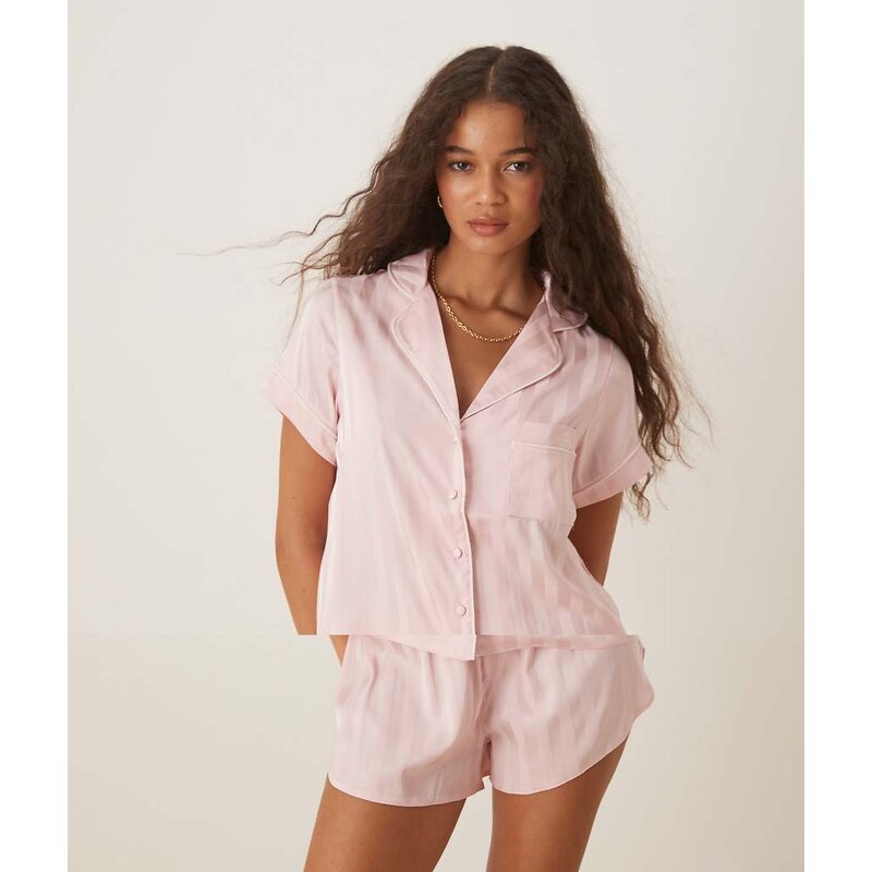 Boux Avenue jacquard short sleeve revere pyjama set in pink stripe 107953923