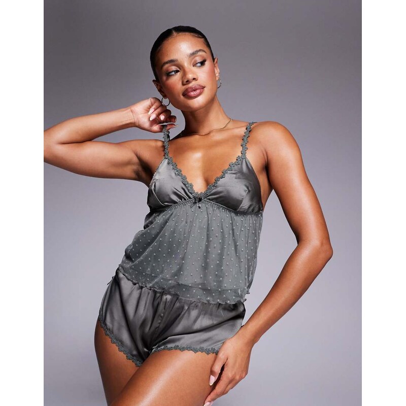 Boux Avenue Daisy trim satin cami set pyjamas in green 107953926