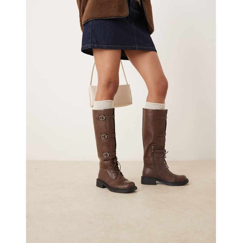 RAID Fallon knee high boots with metal buckles in distressed brown 108098478