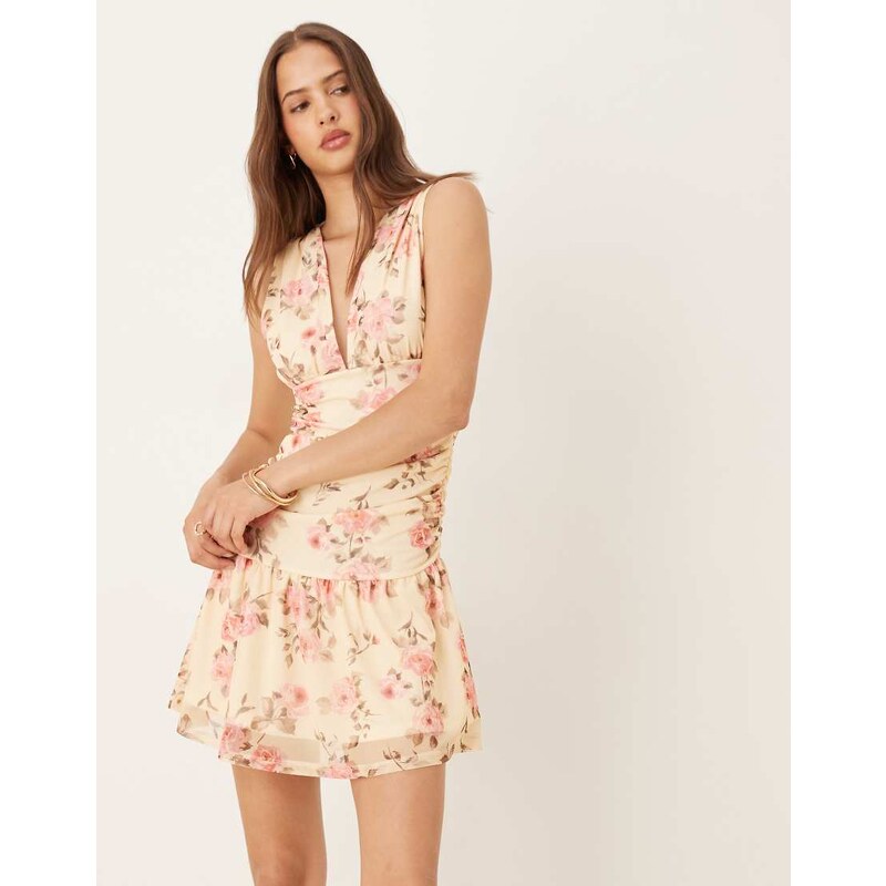 ASOS DESIGN V front ruched mini dress in vintage floral print