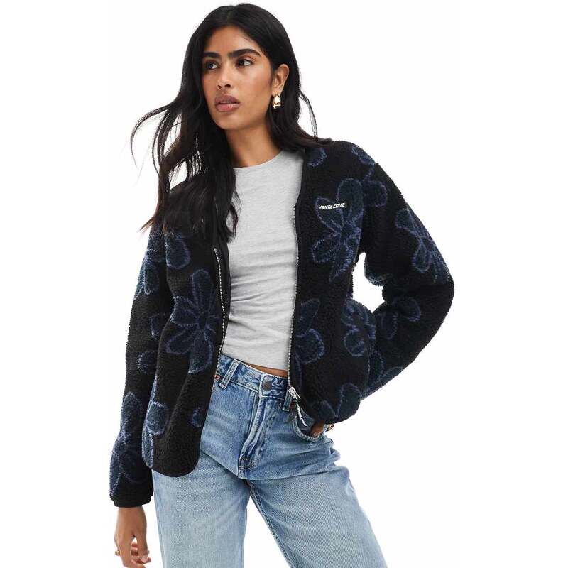 Santa Cruz relaxed v neck sherpa zip jacket in black daisy print