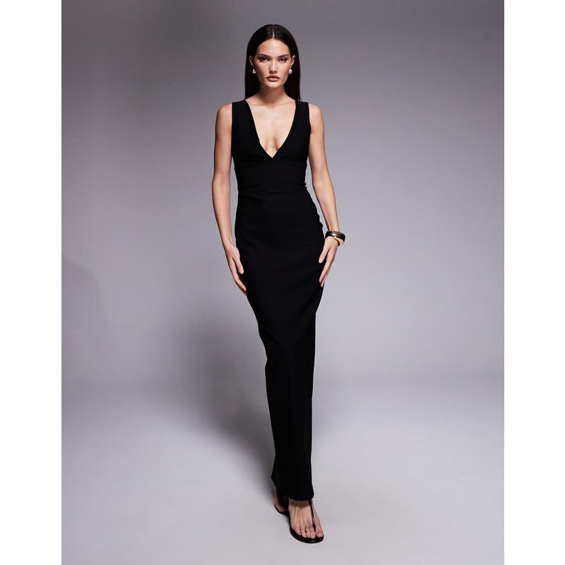 Vesper bengaline v neck plunge maxi dress in black