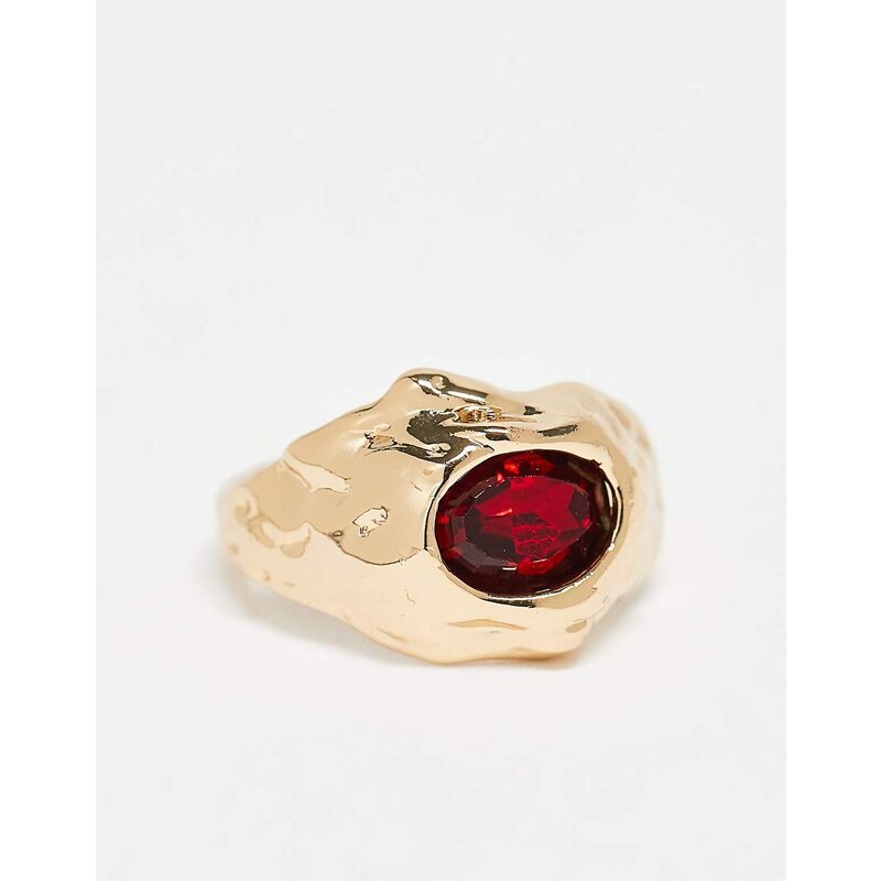ASOS DESIGN ring with faux-crystal burgundy stone set and molten band 107915279