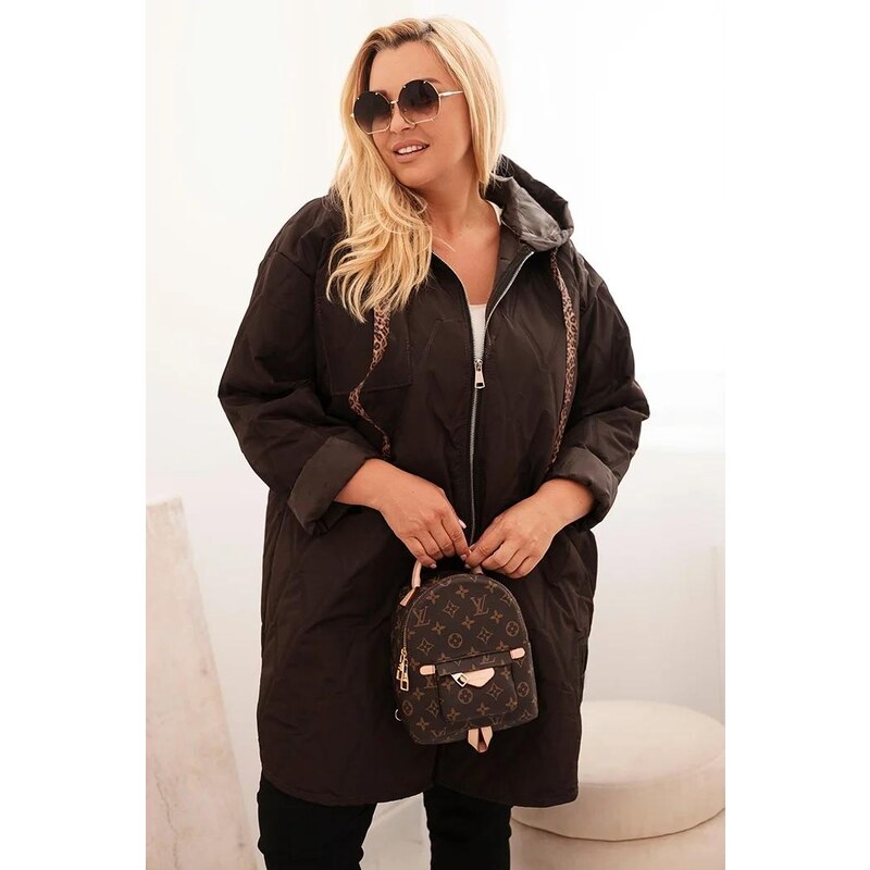 MladaModa Prošívaná oversize bunda s kapucí a nápisem HOPE hnědá