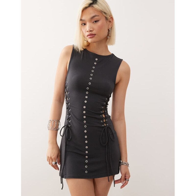 Weekday mini dress with eyelet detail in off-black 107814075