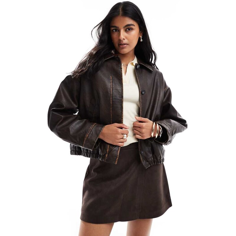 ASOS DESIGN vintage wash leather look bomber jacket in brown