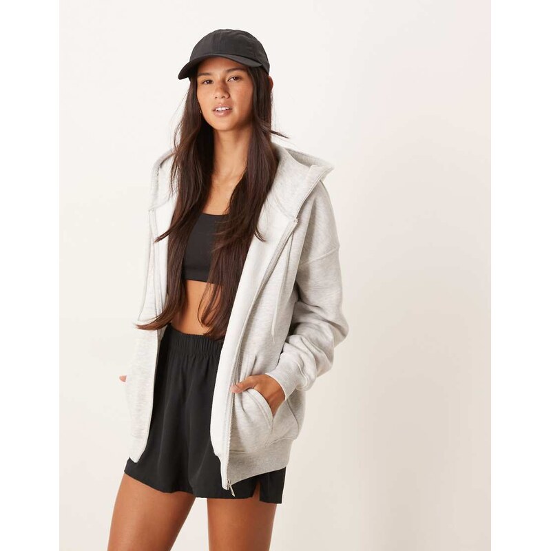 Gina Tricot cotton rich zip through hoodie in light grey melange
