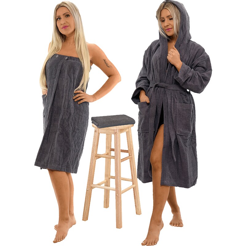Interkontakt Sada Dark Grey: župan s kapucí + dámský saunový kilt + 107705251