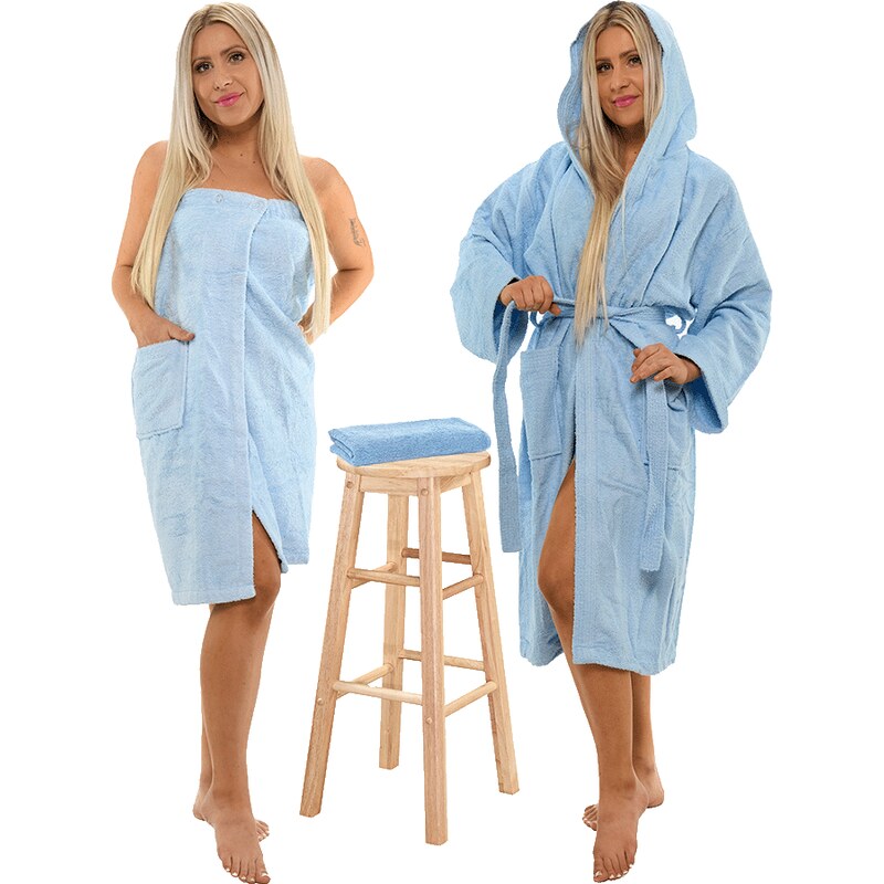 Interkontakt Sada Light Blue: župan s kapucí + dámský saunový