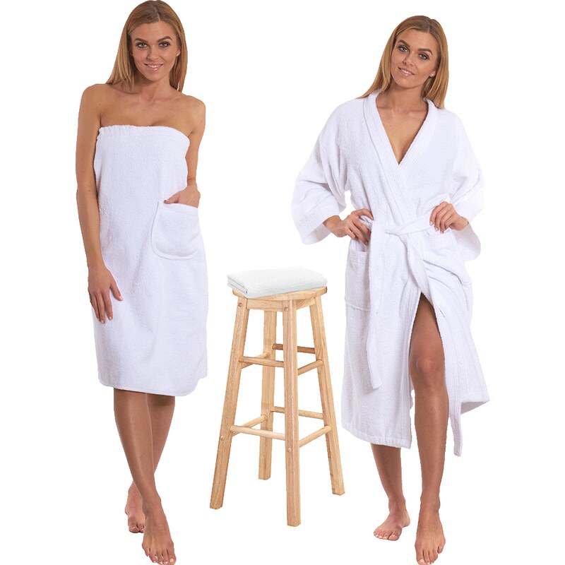 Interkontakt Sada White: župan KIMONO + dámský saunový kilt +