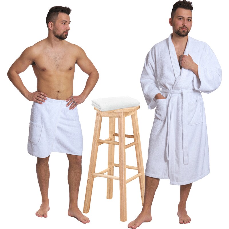 Interkontakt Sada White: župan KIMONO + pánský saunový kilt +