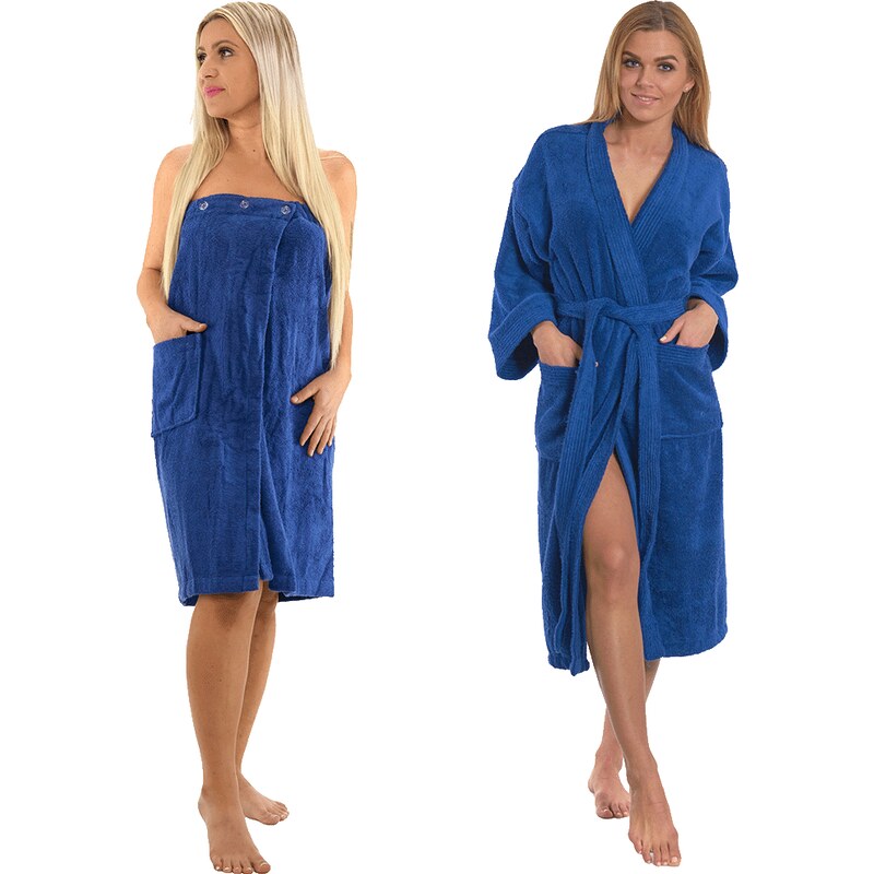 Interkontakt Sada Navy Blue: župan KIMONO + dámský saunový kilt