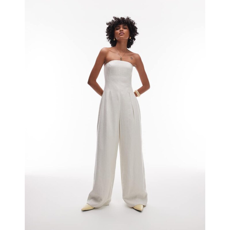 Topshop seamed wide leg linen jumpsuit in natural-Neutral 107829518