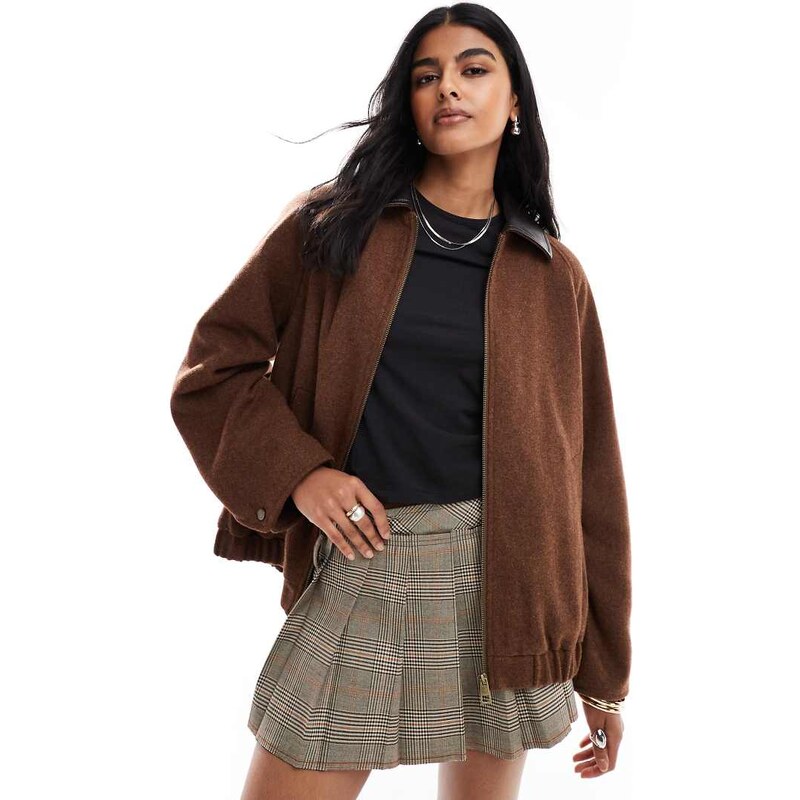 ASOS DESIGN wool blend heritage leather look collar bomber in chocolate-Brown