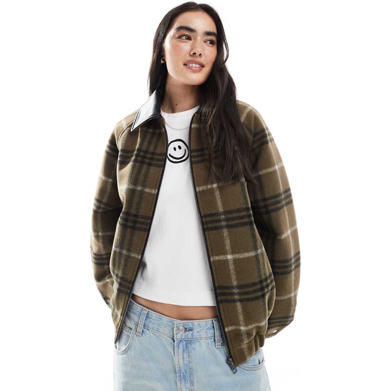 ASOS DESIGN formal bomber jacket with leather look collar in khaki 107829561