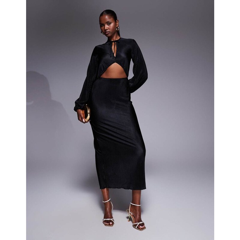 ASOS DESIGN plisse cut out bow front midi dress in black