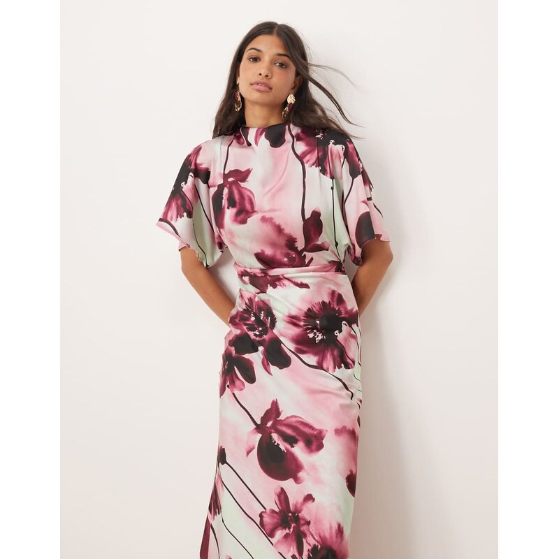 ASOS DESIGN satin high neck blouson maxi dress with flutter