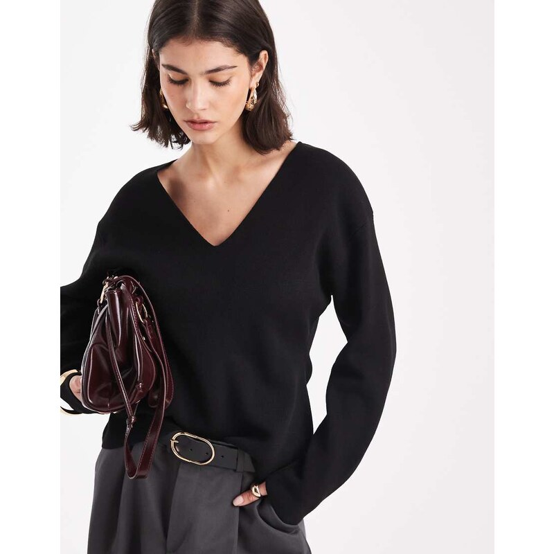 ASOS DESIGN low v neck waisted top in black 107829683