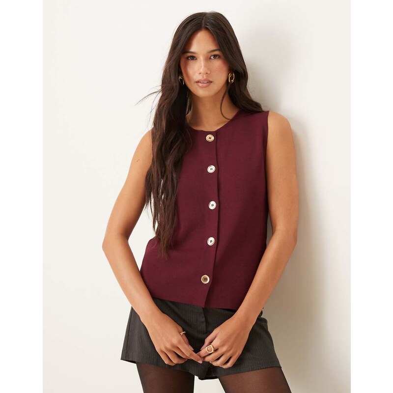 Mango knitted high neck vest with gold buttons in burgundy-Red 107829717