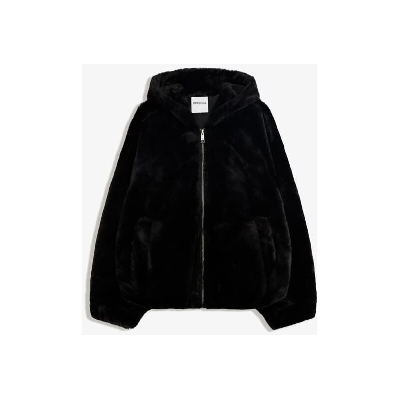 Bershka Hooded faux fur jacket in black 107829772