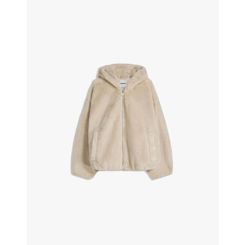 Bershka Hooded faux fur jacket in beige-Neutral 107830180