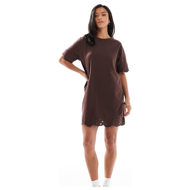 Miss Selfridge Petite cutwork hem t-shirt dress in chocolate-Brown 115512691