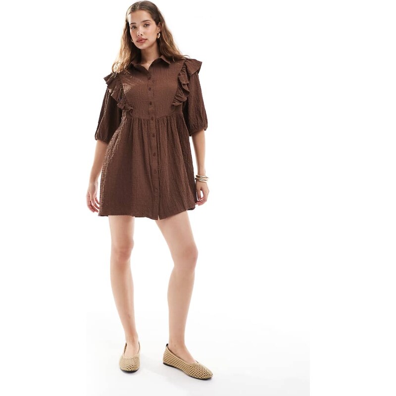 Wednesdays Girl ruffle detail mini smock dress in brown