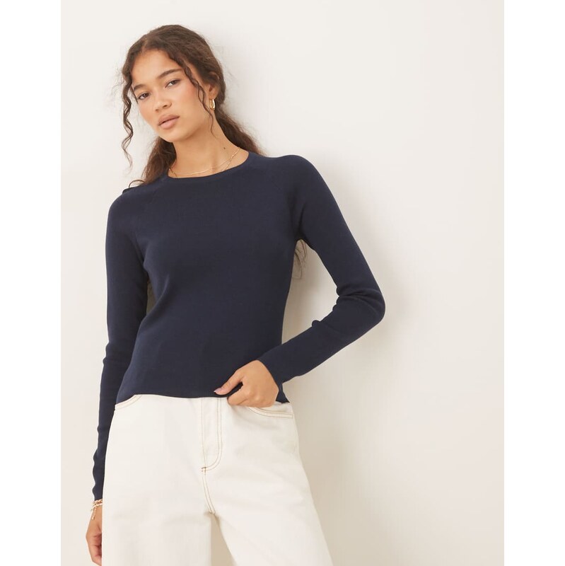 Mango fine knit long sleeve top in navy 108028376