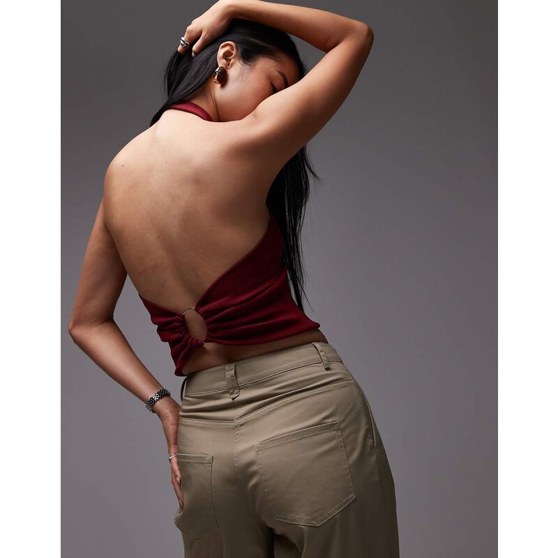 Mango compact knit halterneck top in dark red 107829734