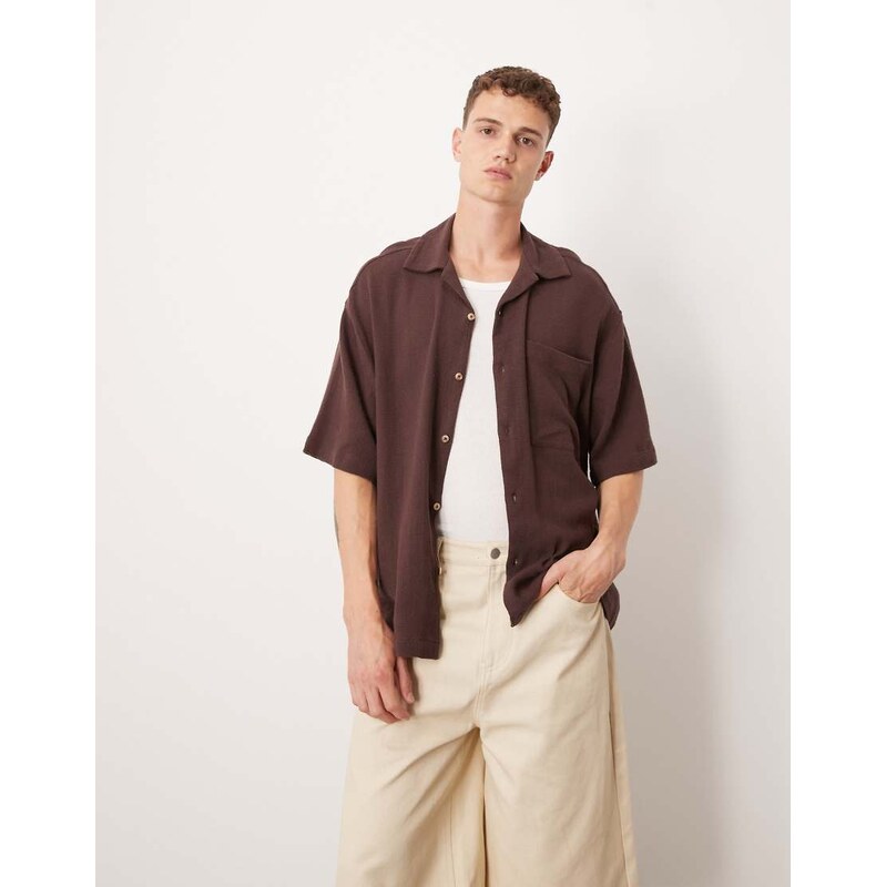 ASOS DESIGN boxy textured revere regular shirt in brown