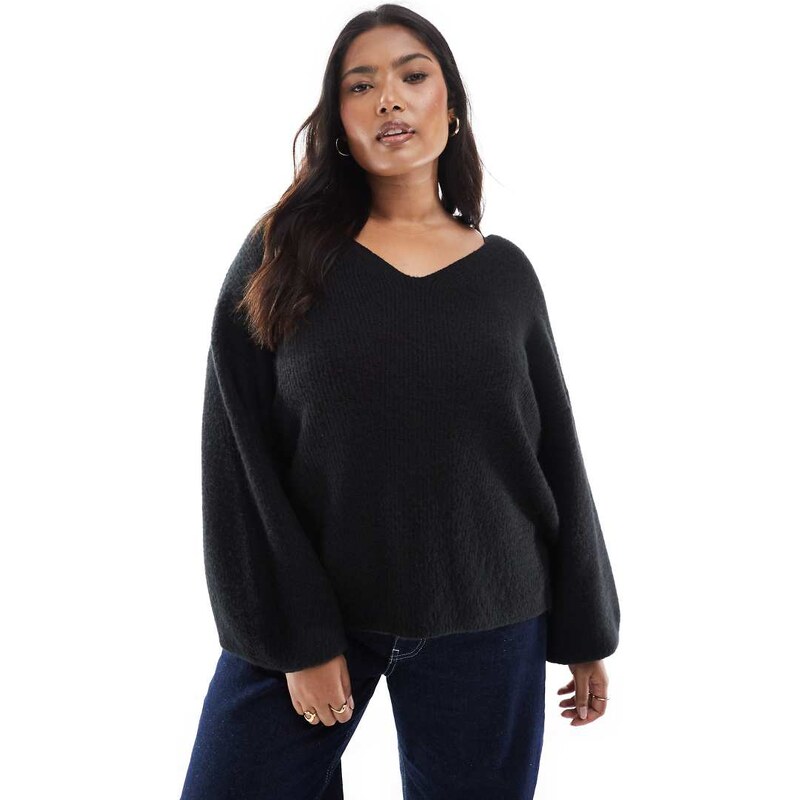 Threadbare Plus fluffy v-neck slouchy jumper in black