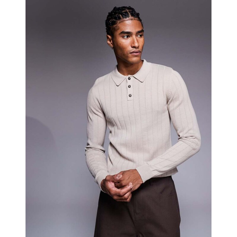 ASOS DESIGN muscle fit long sleeve knitted rib polo in stone-Neutral